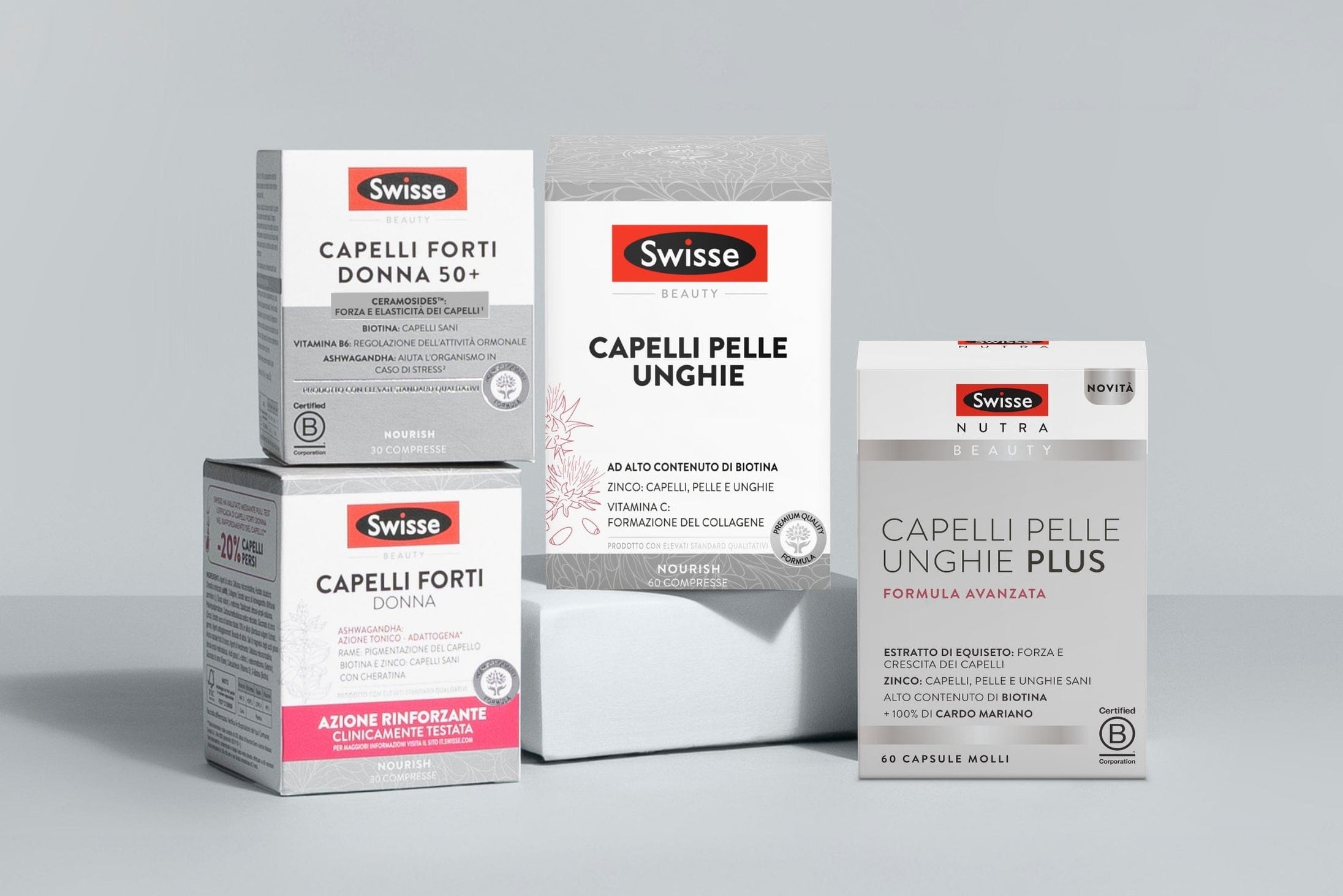 Immagine con sfondo grigio con prodotti Swisse della linea capelli