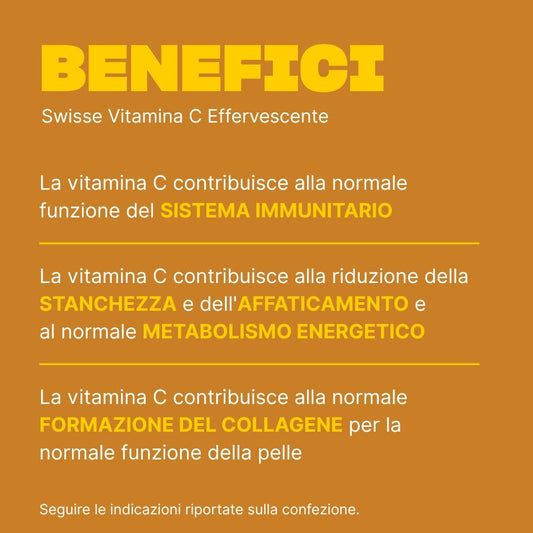 Immagine in cui sono elencati i benefici di Swisse Vitamina C Effervescente